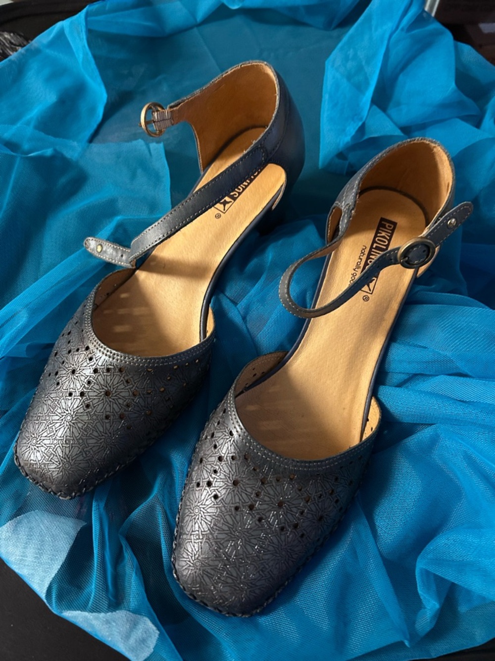 PIKOLINOS Dark Blue Perforated Ankle-Strap Heels